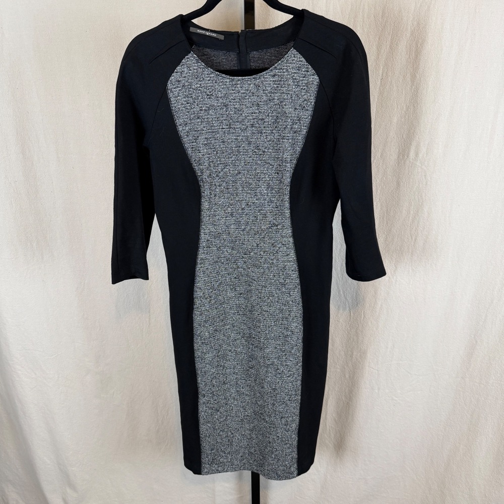 Rene Lezard Black & Grey Textured Panel‎ Sheath Dress 3/4 Sleeve Business Casual